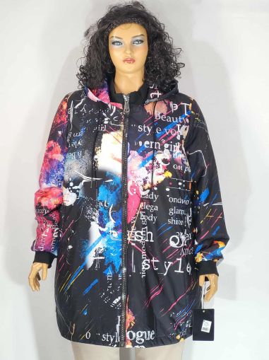 Дамско макси средно дебело яке в големи размери с подвижна качулка и интересна щампа 06 00271