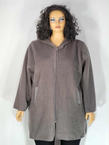 Дамско макси  палто без подплата в големи размери леко разкроено с цип и качулка в сиво 06 00275