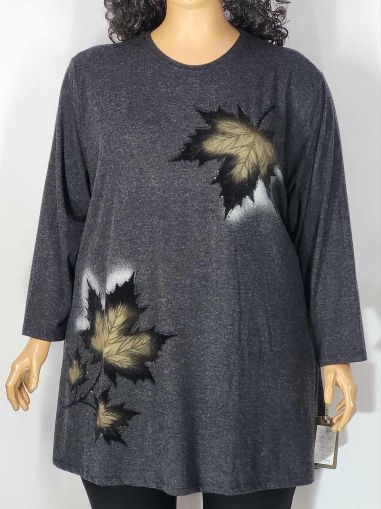 Дамски макси разкроен блузон в големи размери с щампа и камъчета от кашмирено трико в  сиво   01 01521