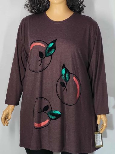 Дамски макси разкроен блузон в супер големи размери с щампа и камъчета от кашмирено трико в кафяво   01 01523