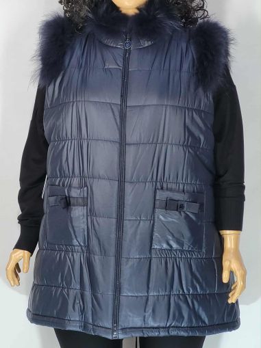 Дамски макси  зимен елек  в големи размери с ефектни кожи в тъмно синьо   06 00279