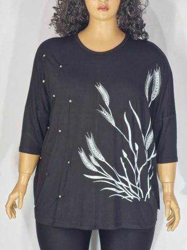 Дамска макси блуза в големи размери от  трико с  щампа  и камъчета   в черно   01 01553