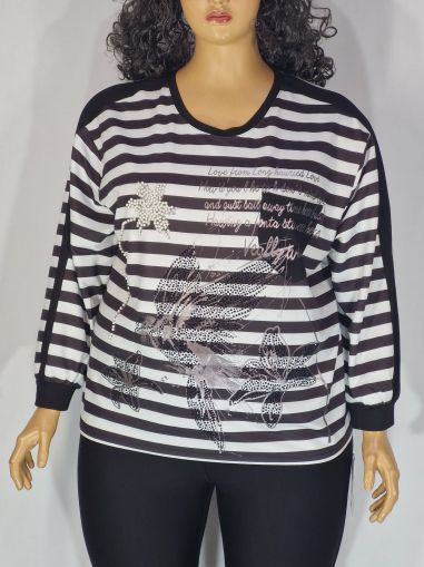 Дамска макси блуза в големи размери от плътно трико рае,щампа и камъчета      01 01556