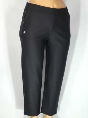 Дамски макси много еластичен плътен панталон в големи размери с кант кожа отстрани на крачола в черно  03 00557