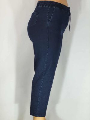 Дамски макси плътни еластични дънки в големи размери с бродерия цветя и камъни в синьо 02 00557