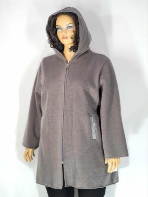 Дамско макси  палто без подплата в големи размери леко разкроено с цип и качулка в сиво 06 00275