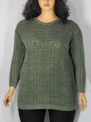 Дамски макси пуловер в големи размери интересна плетка  варен памук различни цветове 01 01524