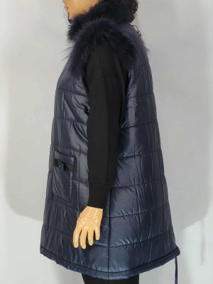 Дамски макси  зимен елек  в големи размери с ефектни кожи в тъмно синьо   06 00279