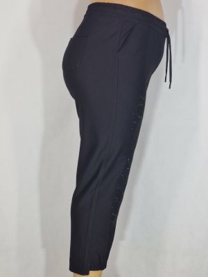 Дамски макси  еластичен плътен спортно елегантен панталон в големи размери с  камъни и бродерия в предната част и ластик в черно   03 00561