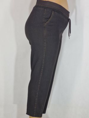 Дамски макси спортни плътни  еластични дънки в големи размери с широк ластик и връзка в кафяво 02 00561