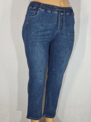 Дамски макси  дънки в големи размери с щампа камъчета сърца  в класическо синьо с връзки  02 00563