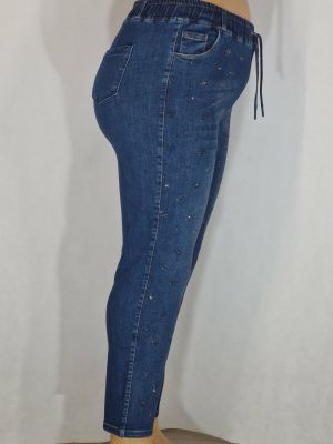 Дамски макси  дънки в големи размери с щампа камъчета сърца  в класическо синьо с връзки  02 00563