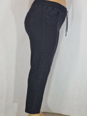 Дамски макси  дънки в големи размери с кант камъчета и бродерия  в черно с връзки  02 00564