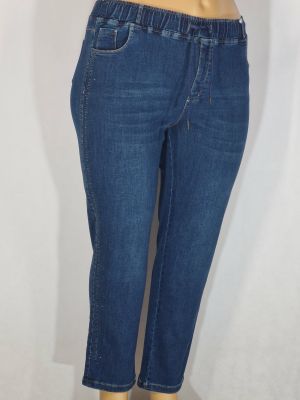 Дамски макси  дънки в големи размери с кант камъчета и бродерия  в класическо синьо с връзки  02 00565