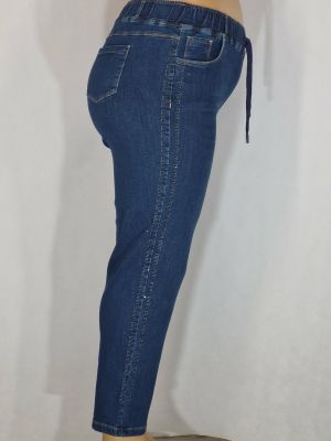 Дамски макси  дънки в големи размери с кант камъчета и бродерия  в класическо синьо с връзки  02 00565