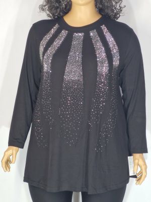 Дамска макси блуза в големи размери от трико в черно с щампа камъчета   01 01539