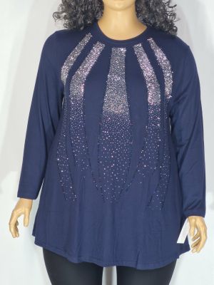 Дамска макси блуза в големи размери от трико в синьо с щампа камъчета   01 01540