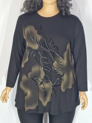 Дамска макси блуза в големи размери от трико в черно с щампа камъчета   01 01541