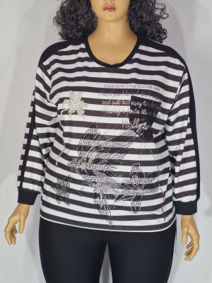 Дамска макси блуза в големи размери от плътно трико рае,щампа и камъчета      01 01556