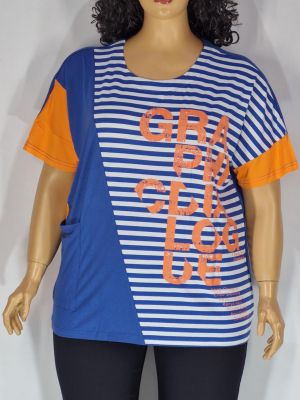 Дамска макси  блуза в  големи размери с интересна комбинация от рае в синьо 10 00108