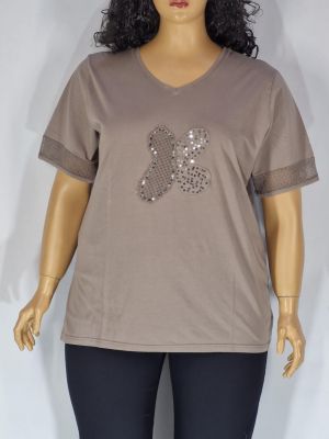 Дамска макси  блуза варен памук с  къс ръкав  в големи размери с шпиц деколте в бежаво 10 00110