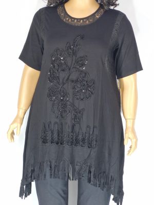 Дамски макси  блузон с къс ръкав в големи размери с интересна апликация ресни и камъчета в черно  10 00115