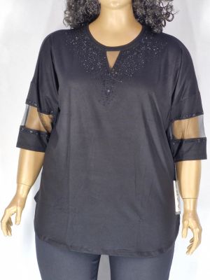 Дамска макси блуза в големи размери от  трико с 3/4 ръкав,тюл и  щампа от камъчета  в черно   10 00119