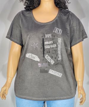 Дамска макси  блуза варен памук с  къс ръкав  в големи размери с щампа в сиво  10 00139