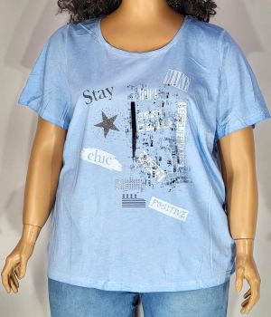 Дамска макси  блуза варен памук с  къс ръкав  в големи размери с щампа в синьо  10 00140